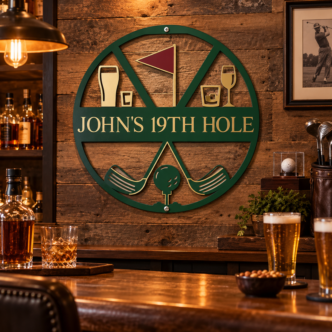 Personalized green metal John's 19th Hole golf bar sign on a wood-paneled home bar wall