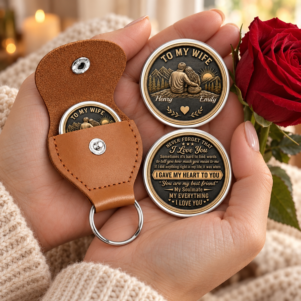 Woman holding a personalized To My Wife leather pocket hug coin set with a rose