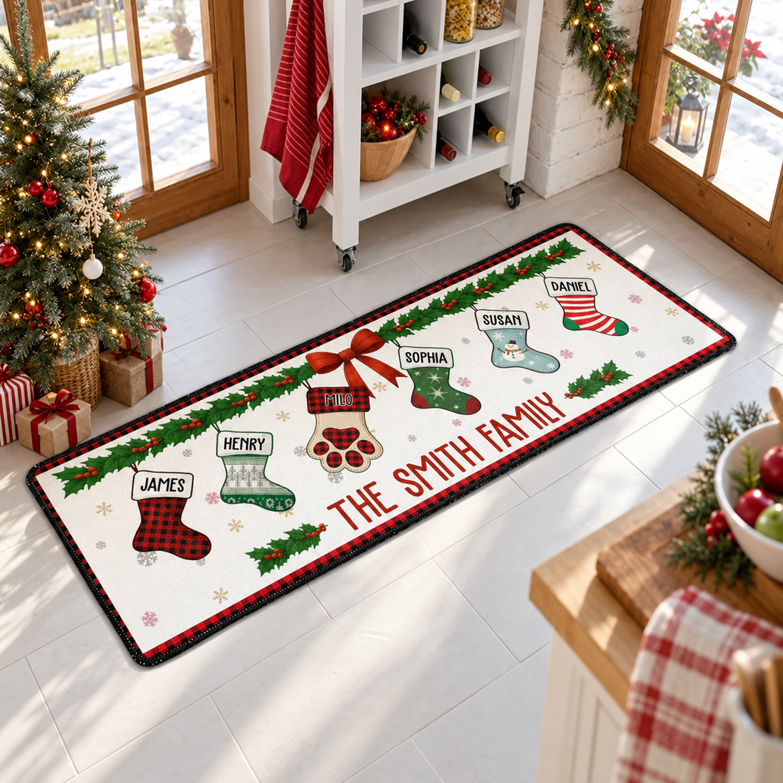 Personalized family stockings Christmas runner rug in a kitchen hallway with holiday decor
