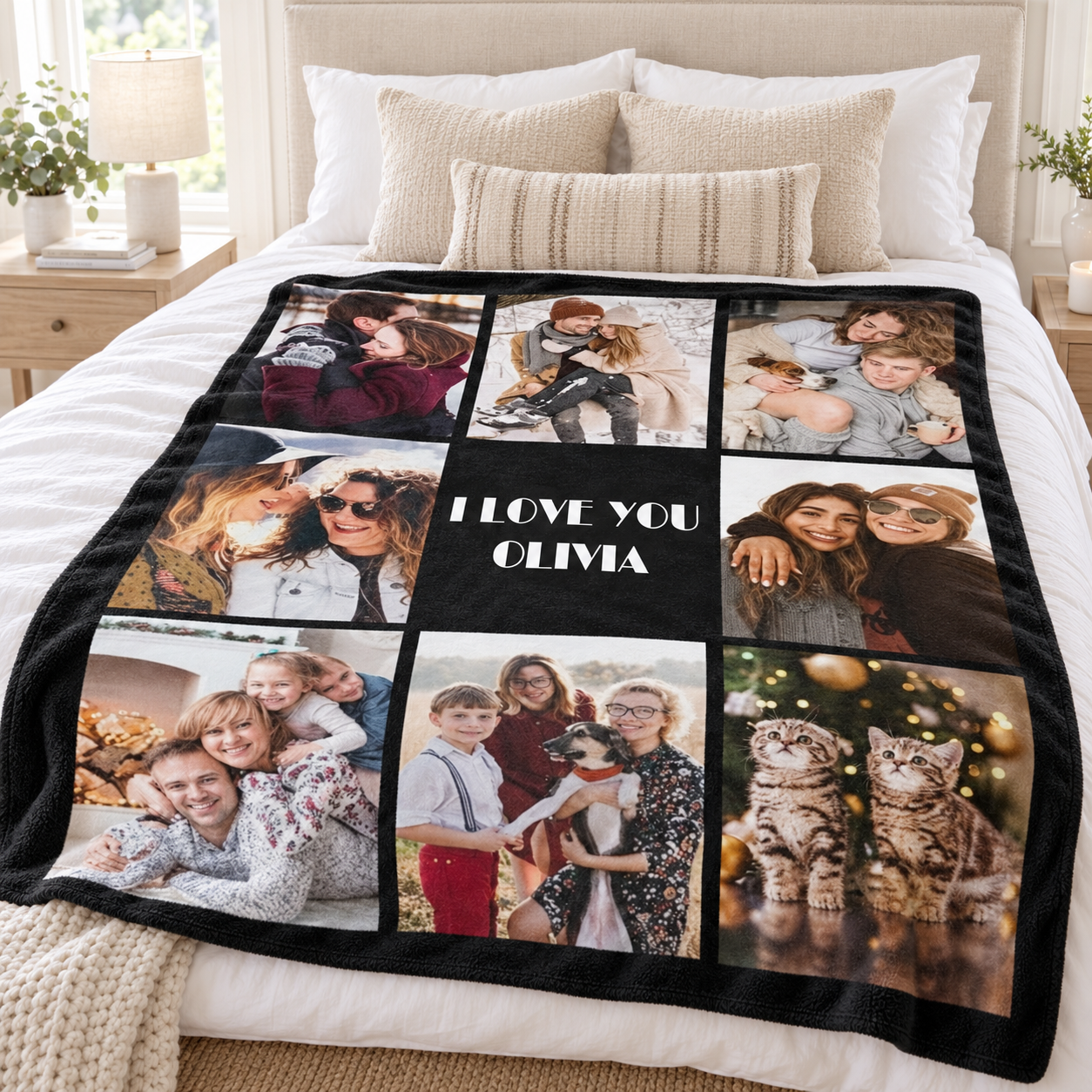 Custom photo collage couple blanket with I Love You Olivia spread across a made bed