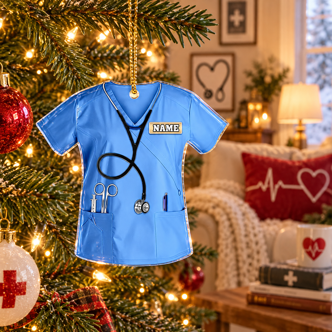 Custom nurse scrubs acrylic ornament with name hanging on a tree in a nurse's living room