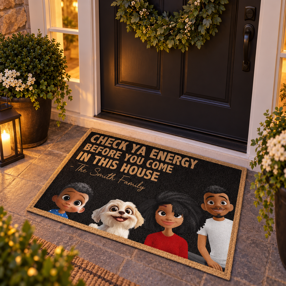 Personalized Check Ya Energy family doormat with cartoon family and dog at a front door at dusk