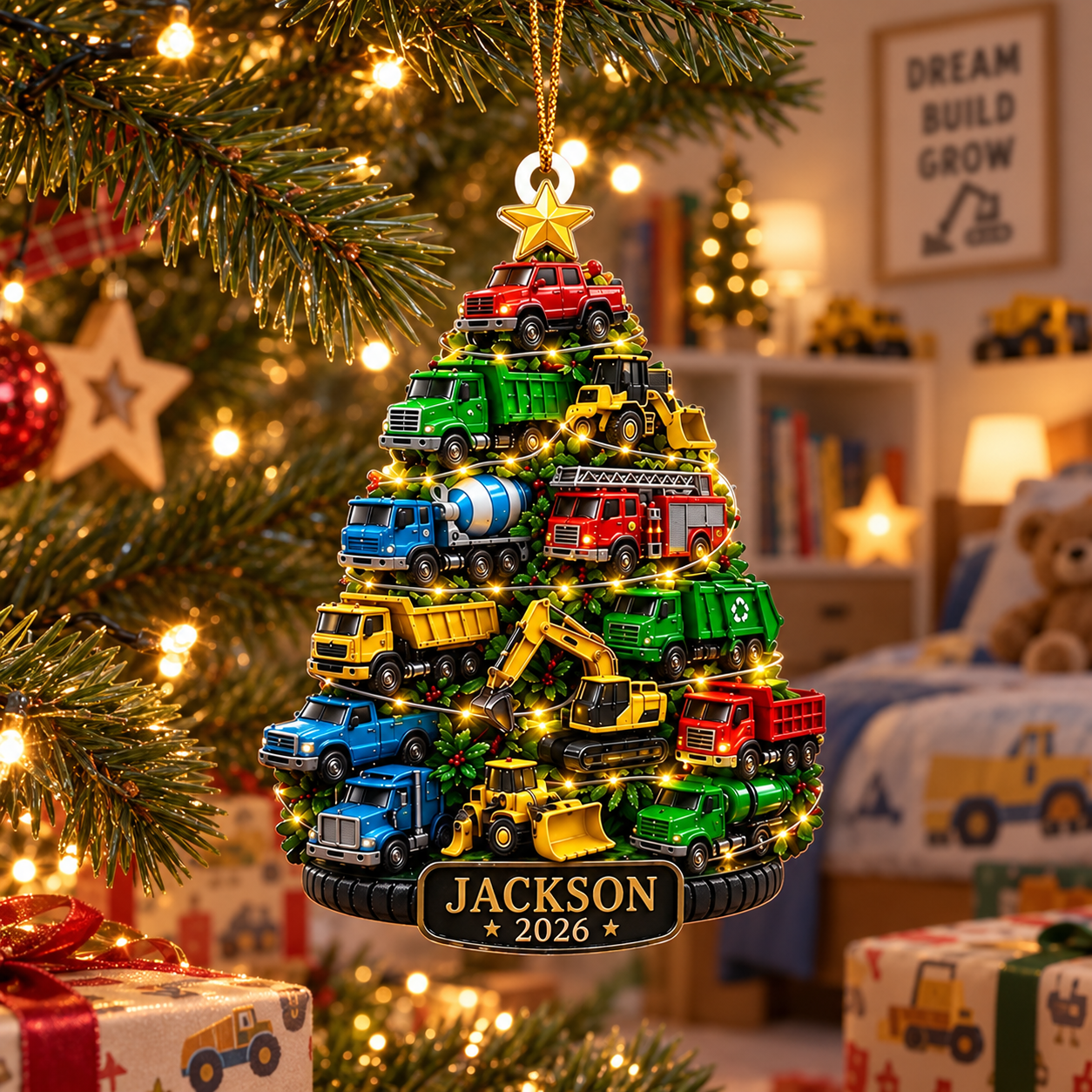 Truck Christmas tree acrylic ornament with name Jackson hanging in a boy's holiday bedroom