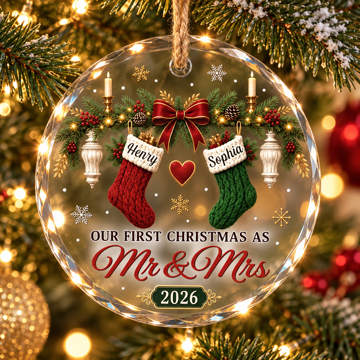 Personalized crystal glass Our First Christmas As Mr and Mrs stockings ornament on a Christmas tree