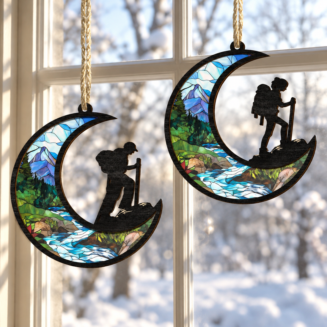 Two moon shaped stained glass hiker suncatcher ornaments hanging in a snowy bright window