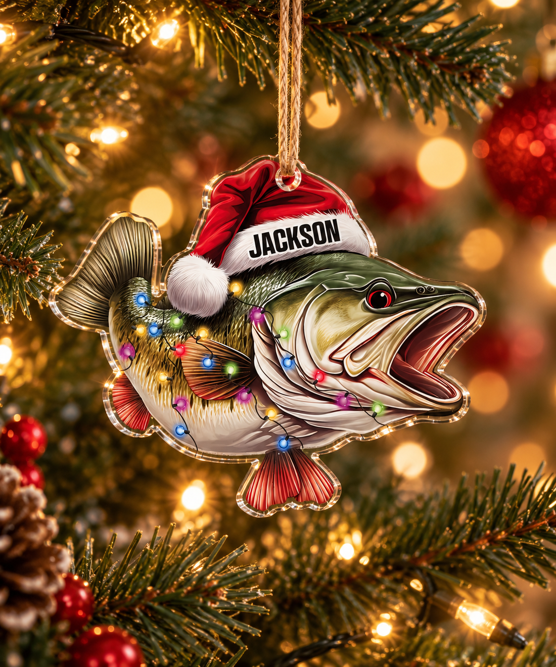 Personalized bass fish acrylic Christmas ornament with Santa hat on a Christmas tree