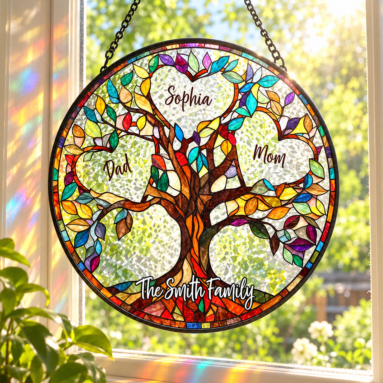 Personalized family tree of life stained glass suncatcher in a sunny window