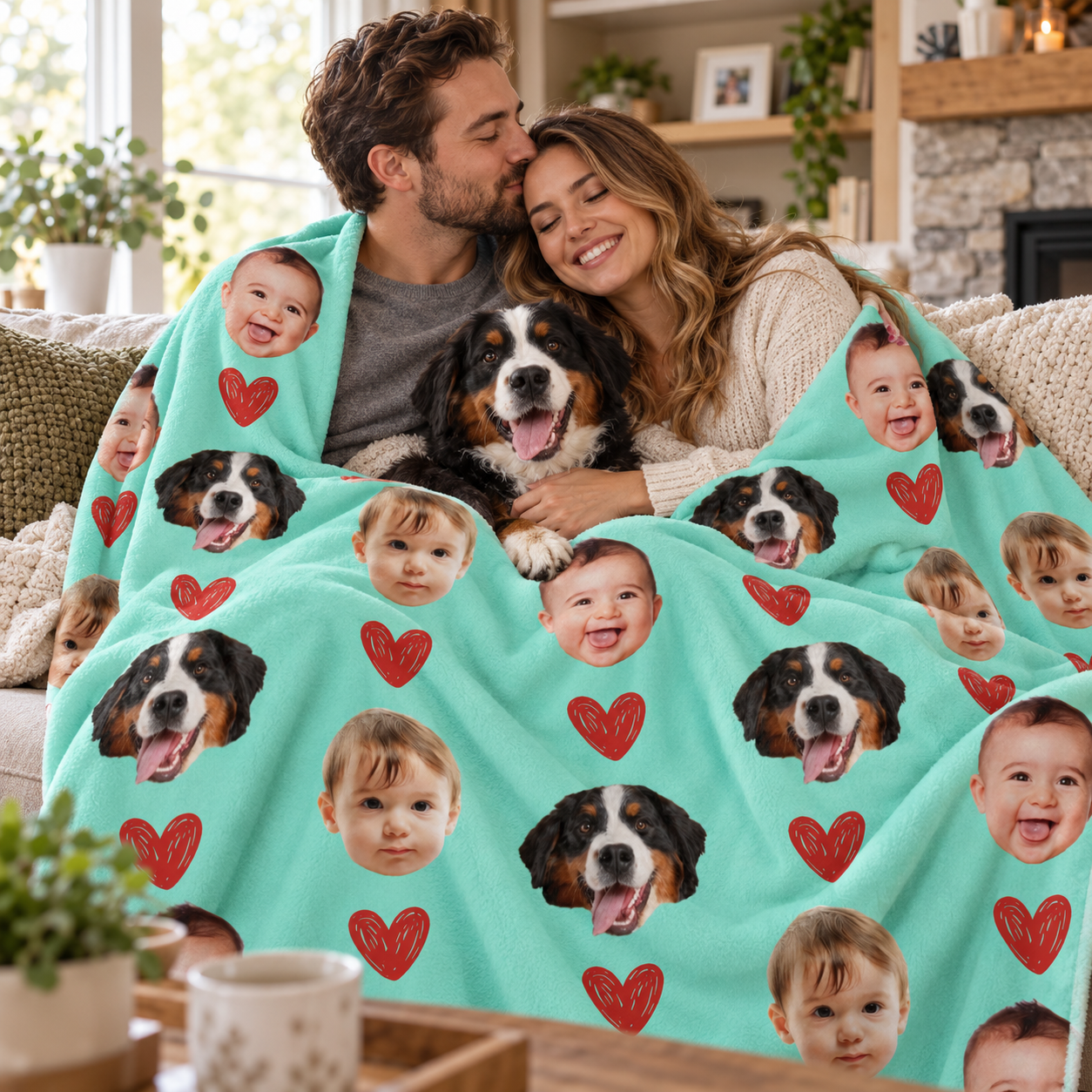 Couple with their dog on a sofa under a personalized face photo hearts blanket
