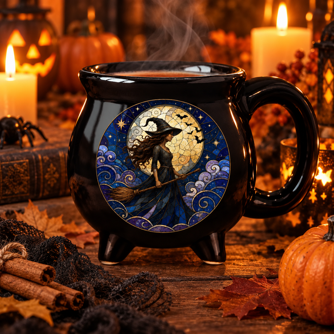 Black cauldron coffee mug with witch moon art on a Halloween table with pumpkins