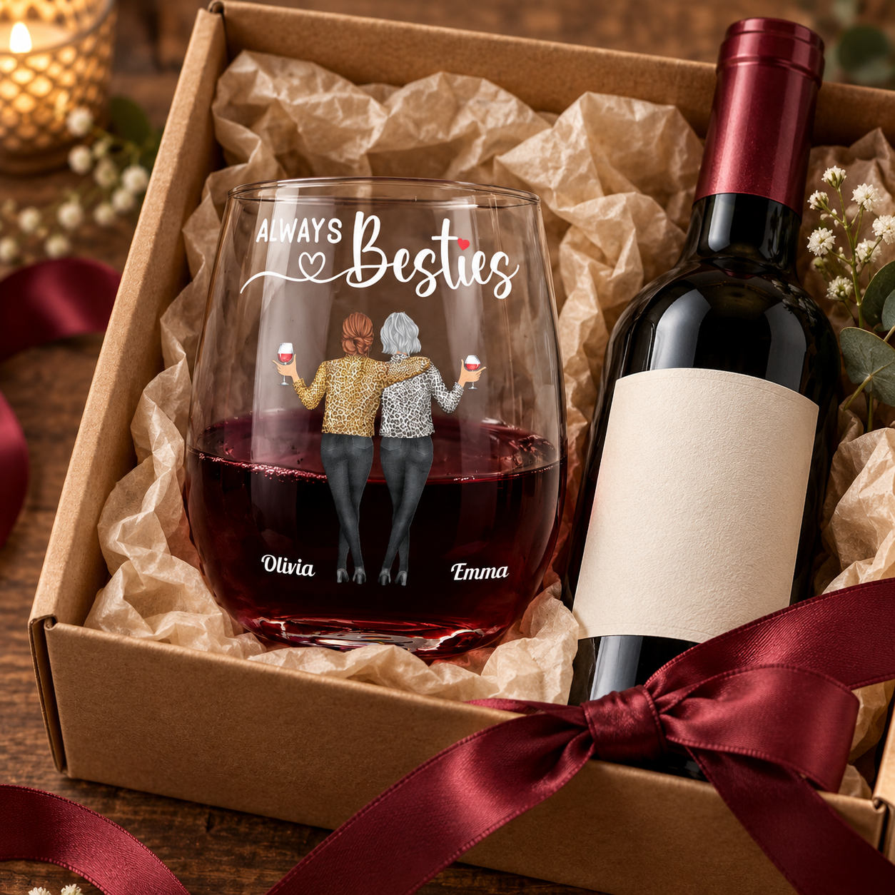 Personalized besties stemless wine glass in a gift box with a bottle of wine