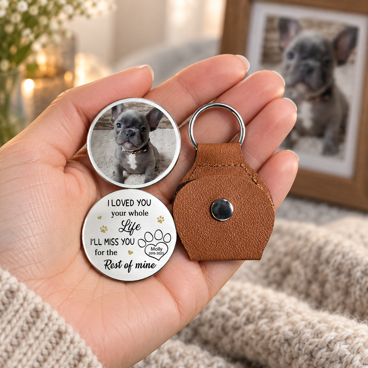 Woman holding a personalized pet memorial pocket hug token with leather pouch
