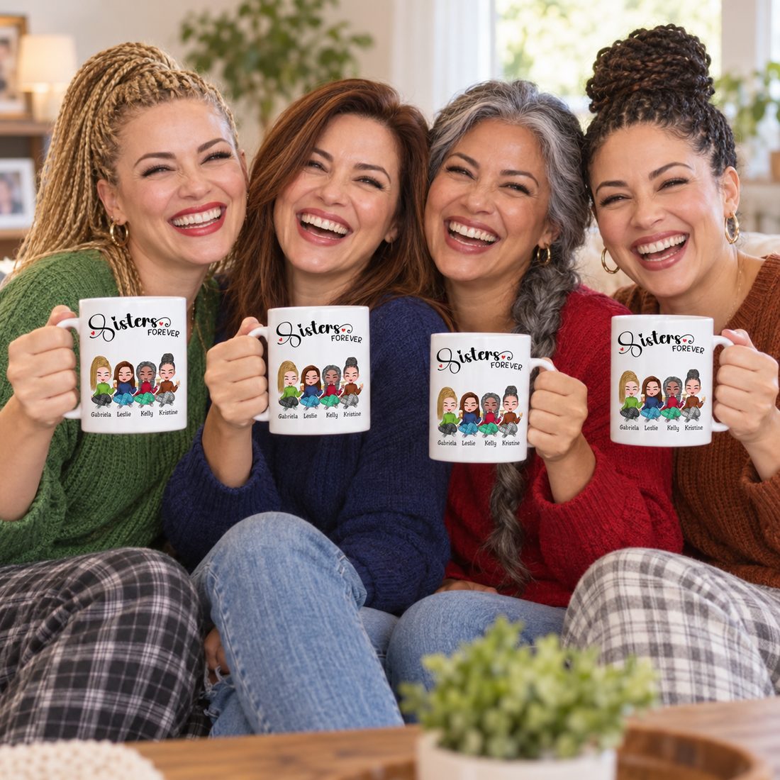 Four sisters laughing with personalized Sisters Forever cartoon mugs