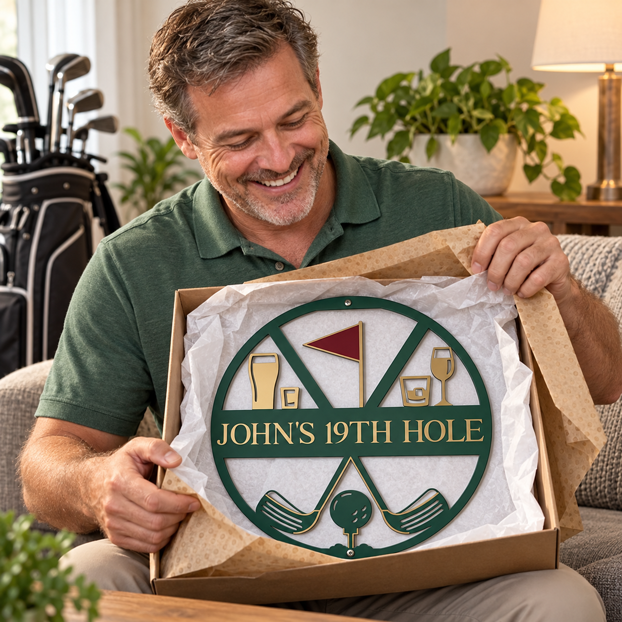 Man smiling while unwrapping a personalized 19th Hole golf metal sign gift box