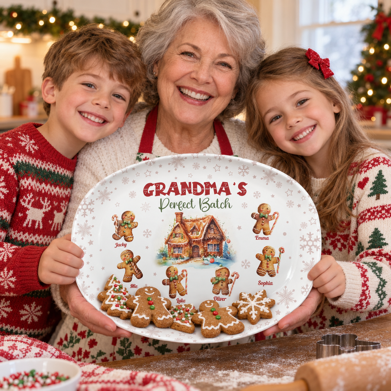 Grandmother and grandkids holding a personalized gingerbread Christmas platter in the kitchen