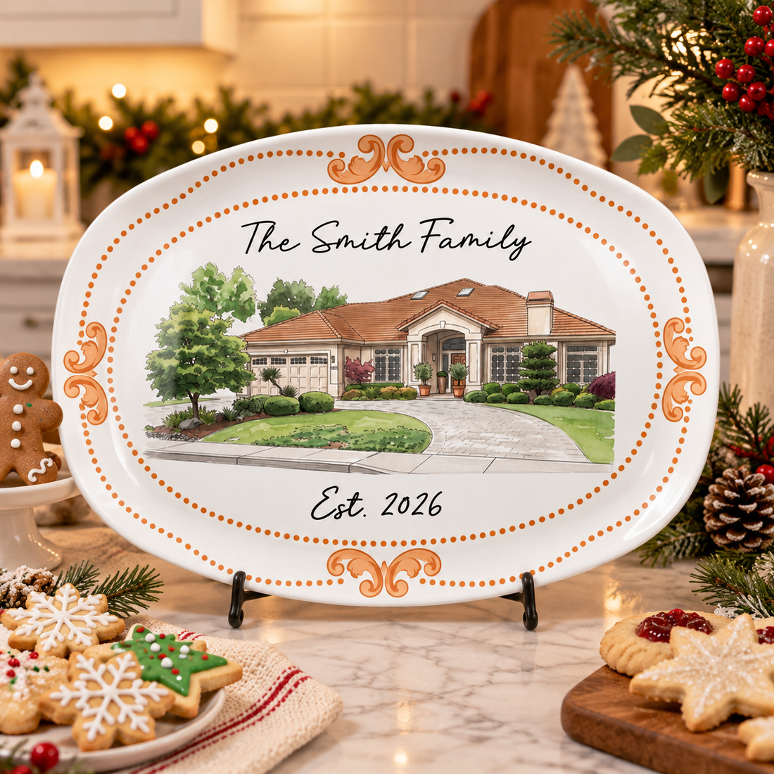 Personalized watercolor house Smith Family platter displayed on a counter with holiday cookies