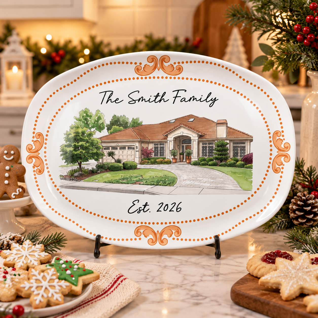 Personalized watercolor house Smith Family platter displayed on a counter with holiday cookies