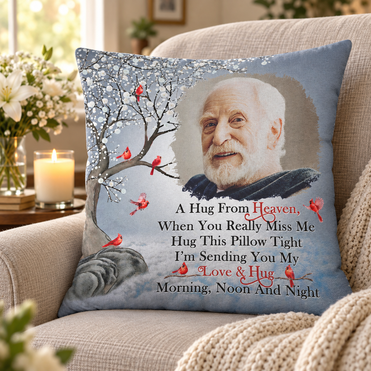 Personalized memorial hug from heaven pillow on an armchair with candle and flowers