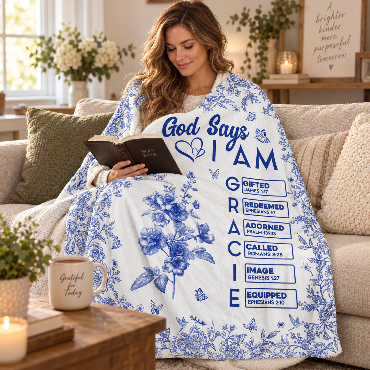 Woman wrapped in a blue toile God Says I Am custom name blanket reading a Bible