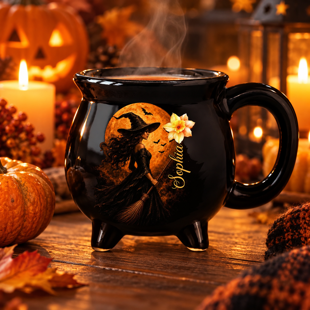 Personalized witch cauldron coffee mug with name on a Halloween table with candles