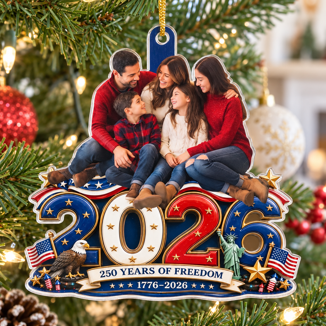 Custom Photo Land Of Free Loved Family ornament on a bright Christmas tree, celebrating America 250th Anniversary.