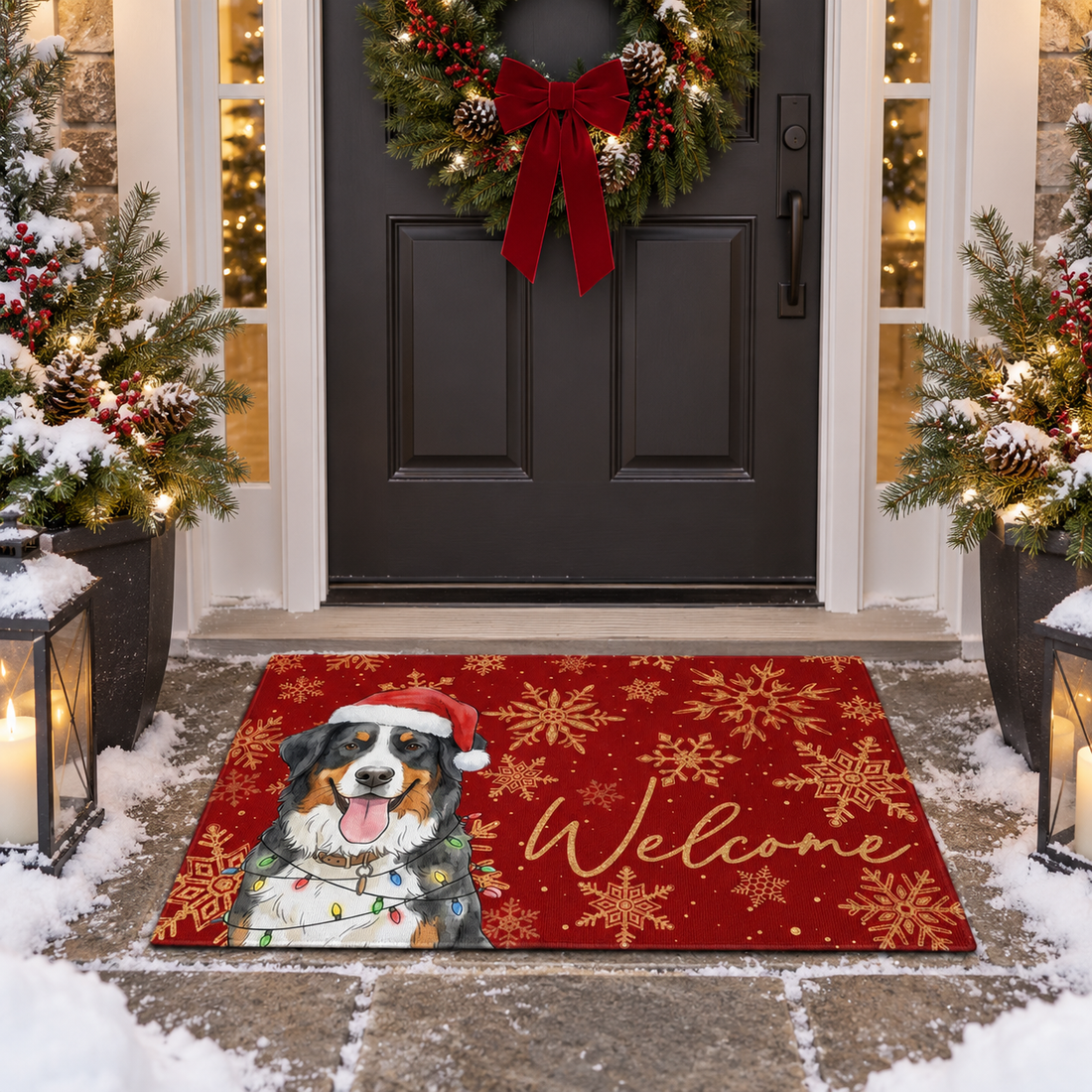 Personalized Christmas welcome doormat with Santa hat dog at a front door with wreath