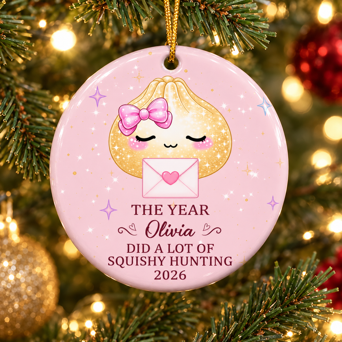 Personalized pink dumpling Squishy Hunter ceramic ornament hanging on a Christmas tree