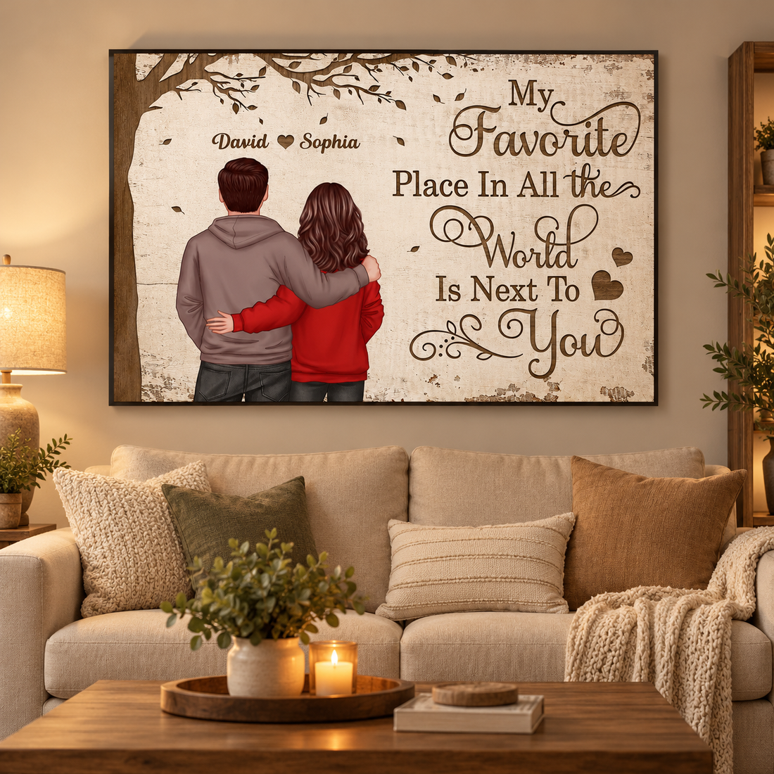 Custom couple back view canvas print My Favorite Place In The World hung above a living room sofa