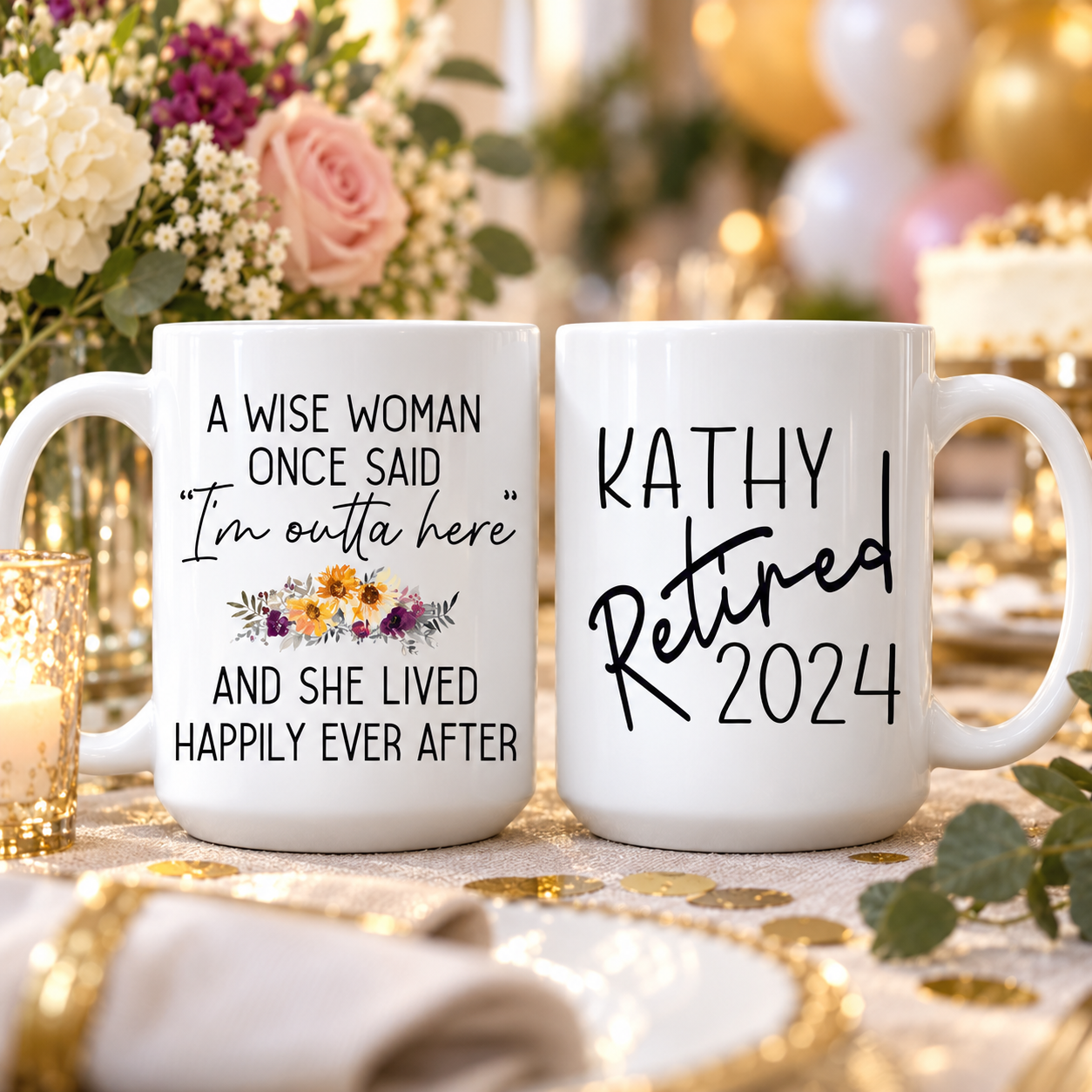 Personalized retirement mugs on a retirement party table with flowers and balloons