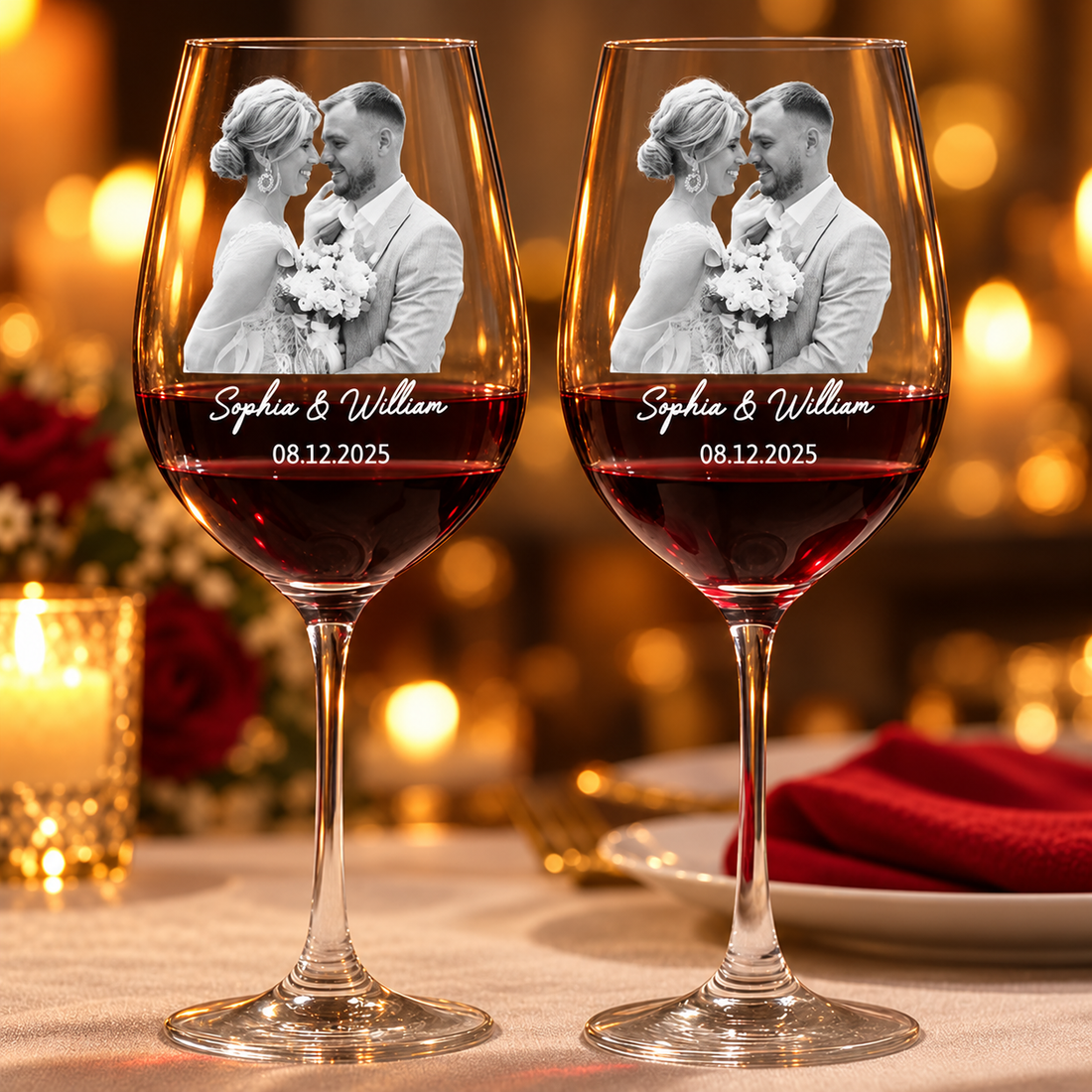 Engraved couple photo anniversary wine glasses with names and date on a candlelit dinner table