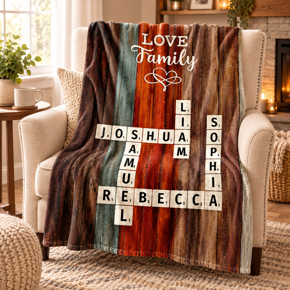 Personalized family crossword art blanket draped over an armchair in a cozy living room
