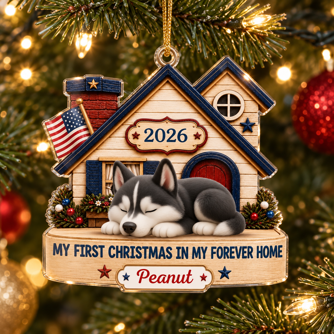 Dog house acrylic Christmas ornament with husky hanging on a lit tree