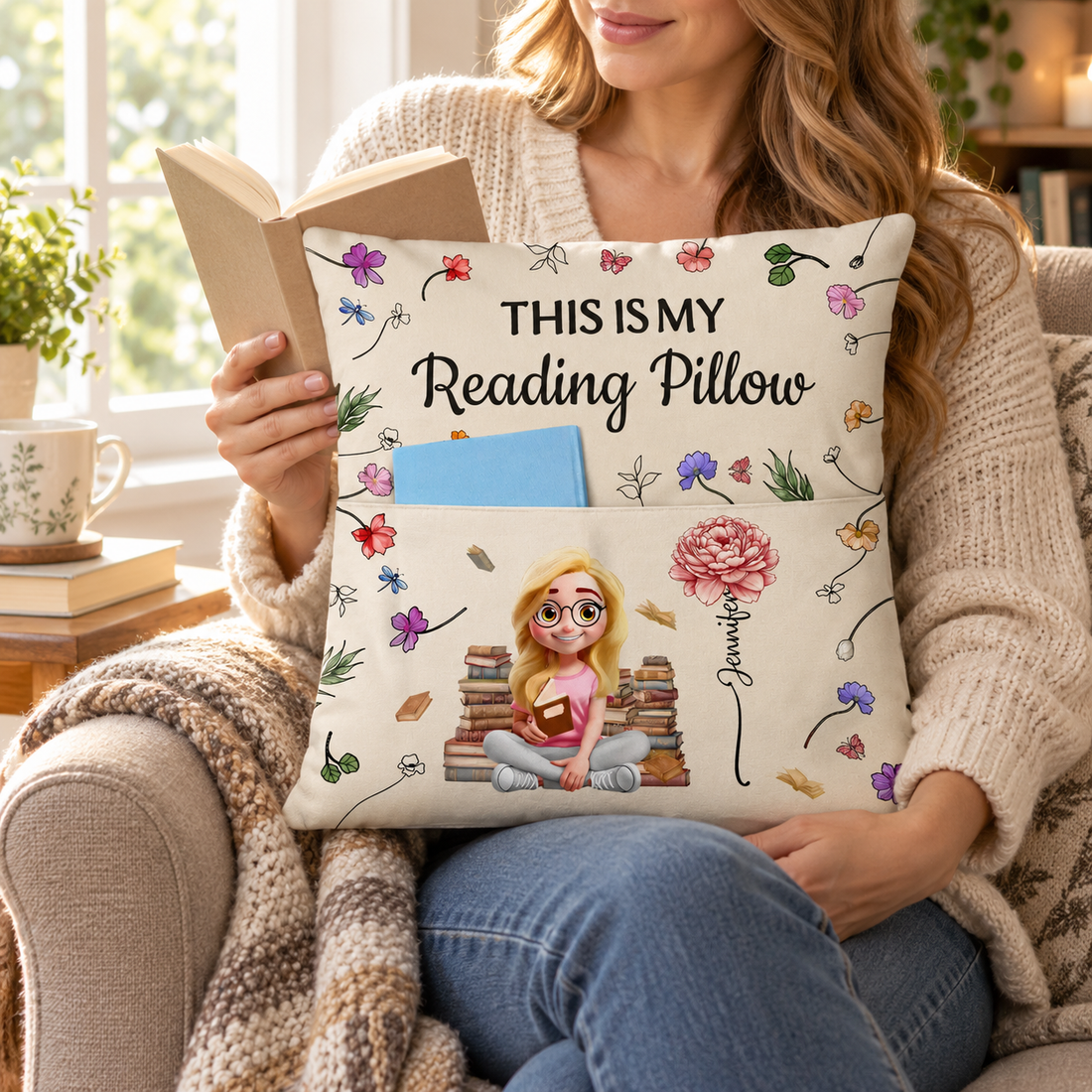 Woman reading in an armchair with a personalized This Is My Reading Pillow pocket pillow with a flower and name