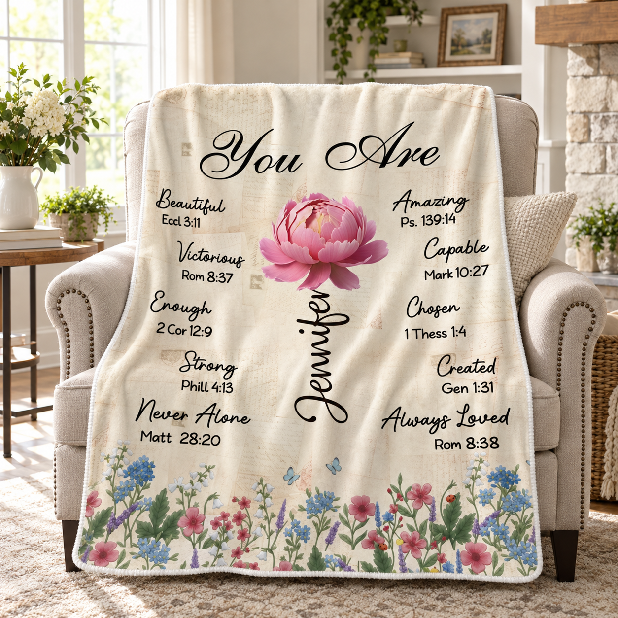 Personalized You Are Bible verse blanket with pink peony and name Jennifer draped over an armchair