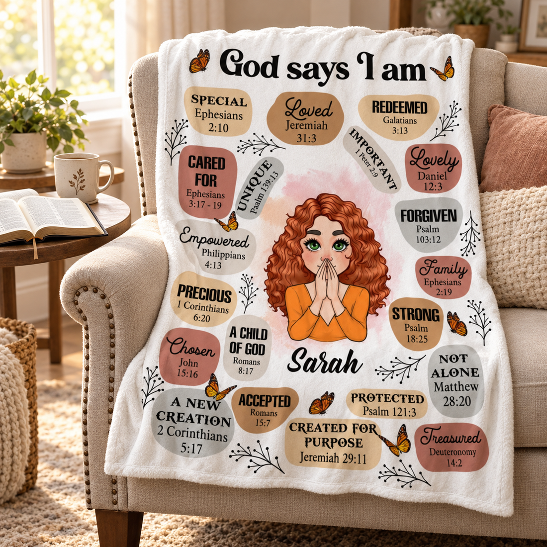 Personalized God Says I Am Special Christian blanket draped over an armchair with a Bible and mug