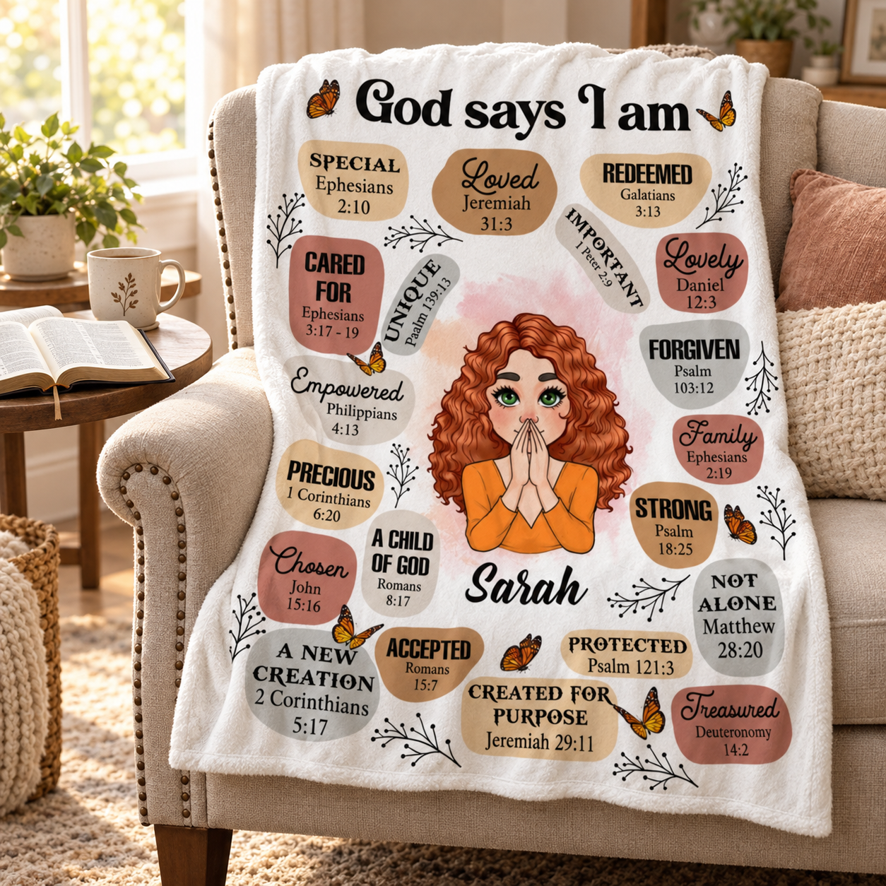 Personalized God Says I Am Special Christian blanket draped over an armchair with a Bible and mug