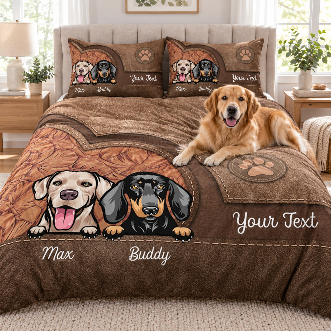 Personalized dog bedding set on a bed with a real dog lying on it in a bright bedroom