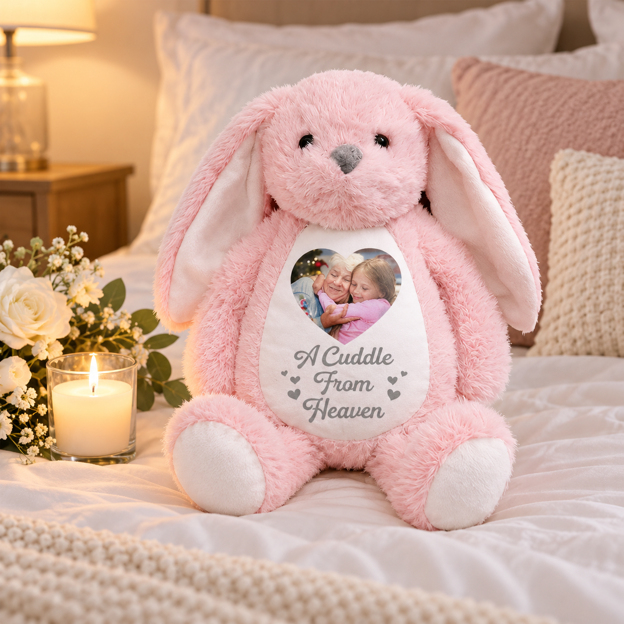 Personalized A Cuddle From Heaven memorial plush bunny with heart photo on a bed beside a candle and white flowers