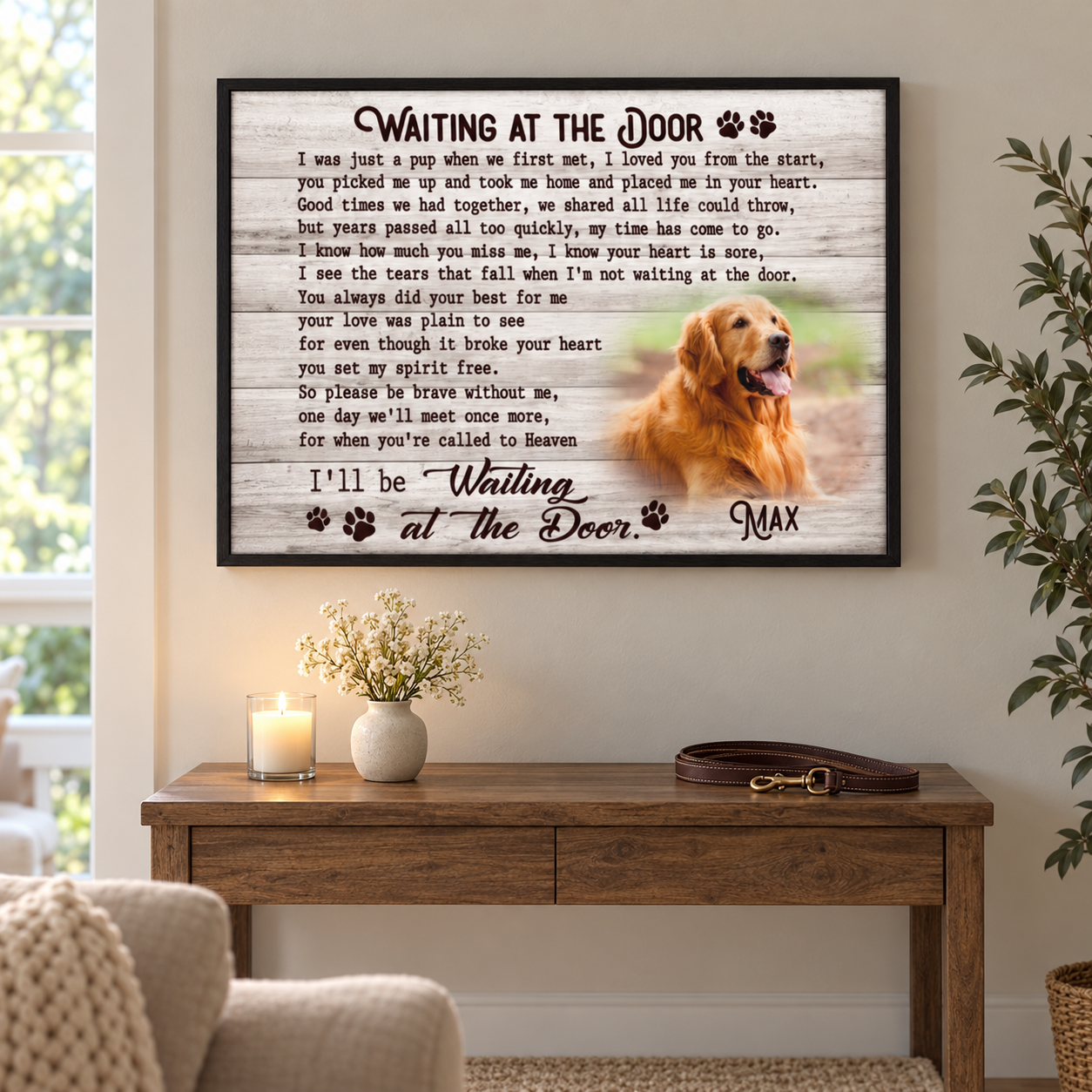 Personalized Waiting at the Door pet memorial poster with dog photo and name Max above a console table with a candle