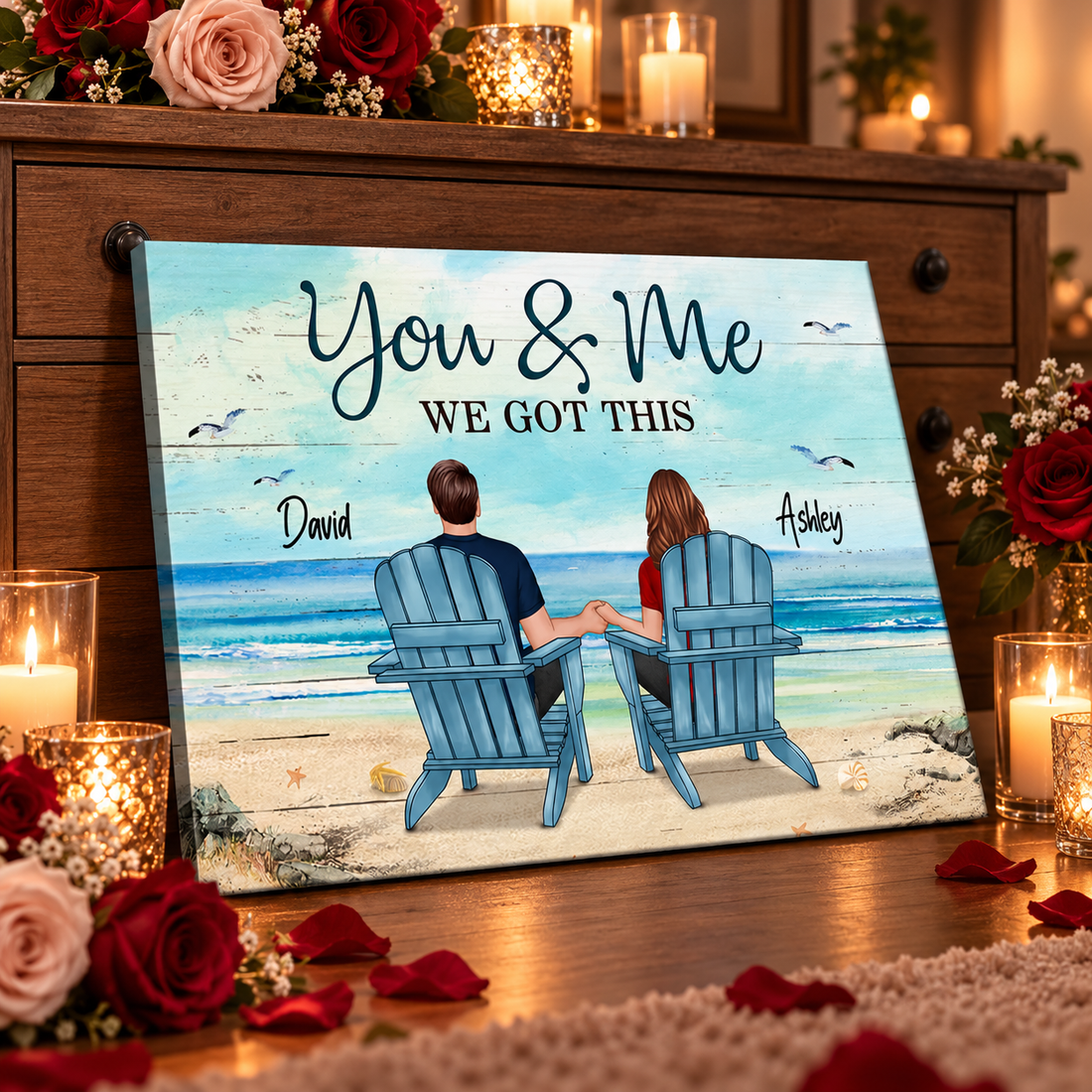 Personalized beach couple poster leaning on a dresser with roses and candles for an anniversary