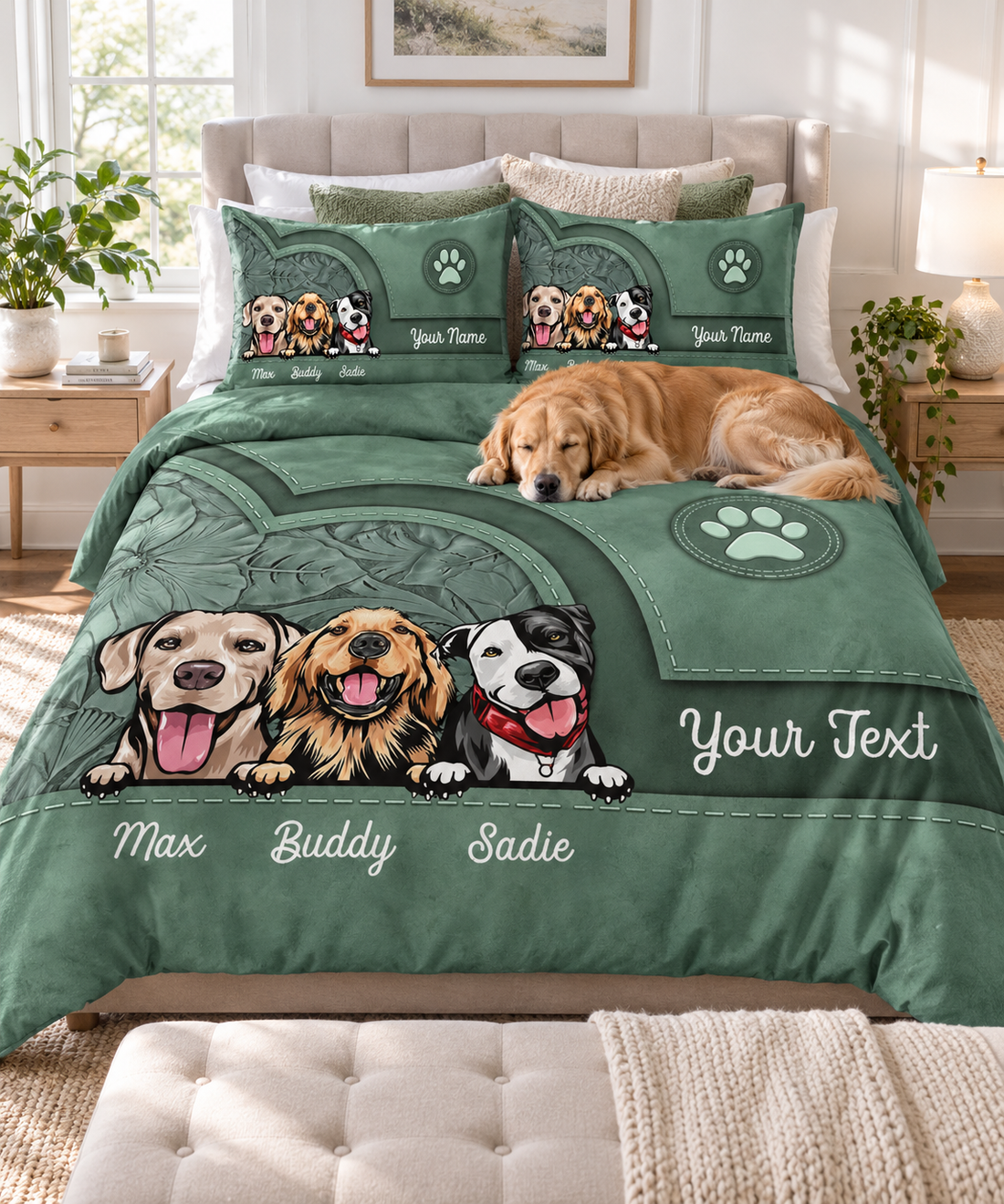 Personalized dog bedding set made up on a bed in a bright bedroom with a dog sleeping on it