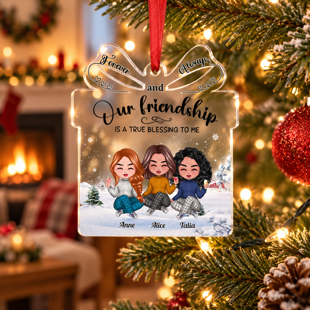 Custom Our Friendship acrylic Christmas ornament hanging on a lit tree in a cozy living room