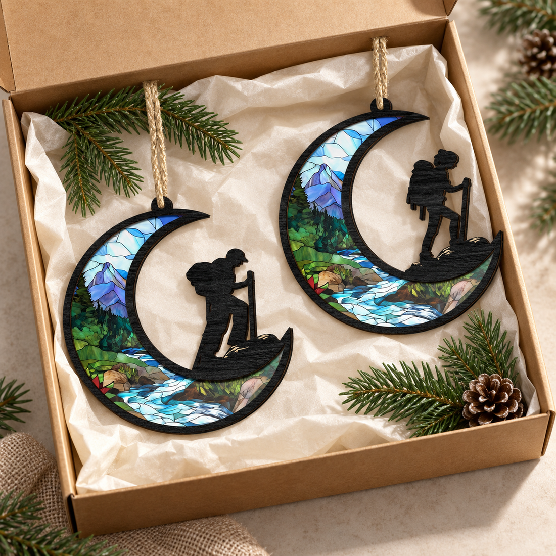 Personalized moon shaped hiker stained glass suncatcher ornaments in a kraft gift box with pine sprigs