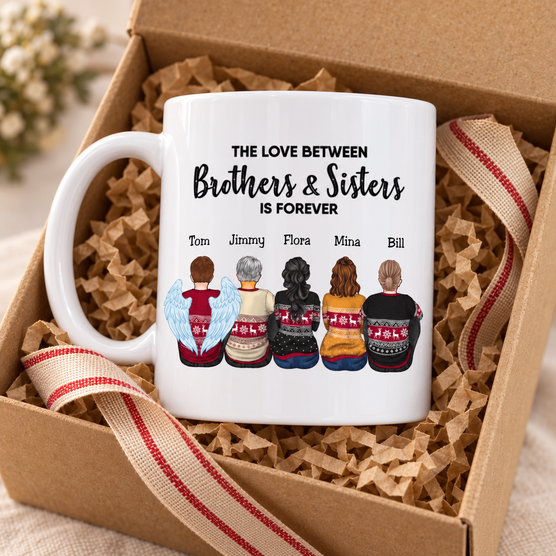 Custom brothers and sisters forever mug in a kraft gift box with tissue paper and ribbon