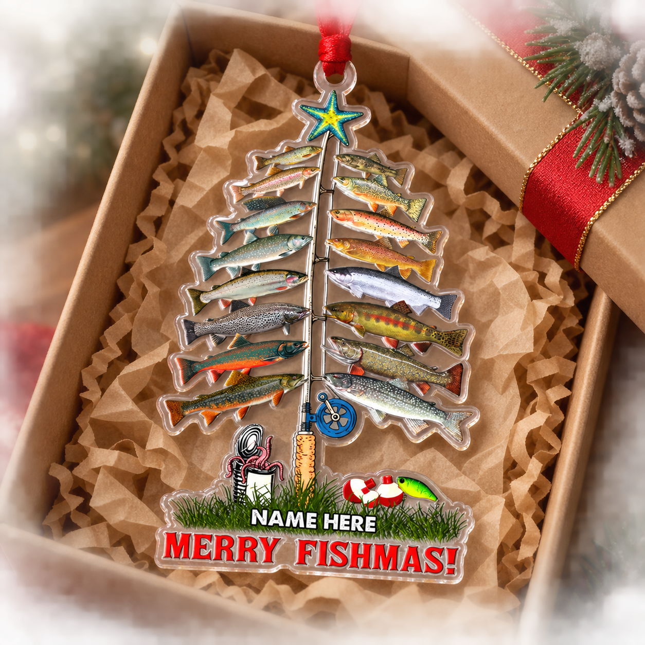 Merry Fishmas fishing ornament in a kraft gift box with tissue paper