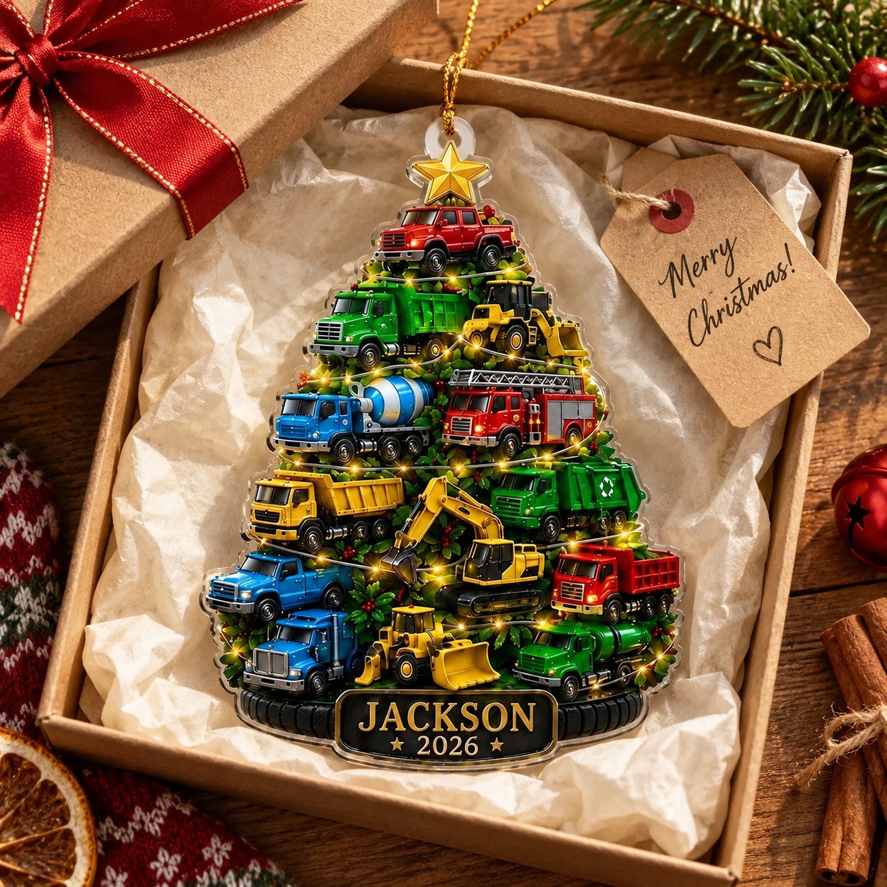 Custom name construction truck tree ornament packed in a gift box with tissue paper