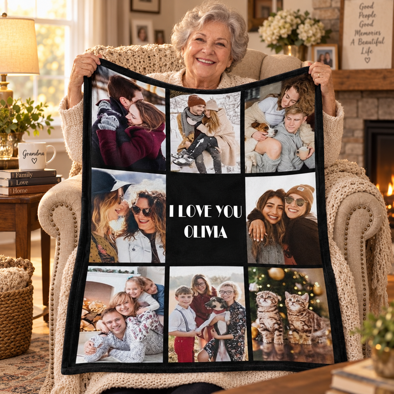Smiling grandmother holding up a personalized family photo collage blanket in an armchair