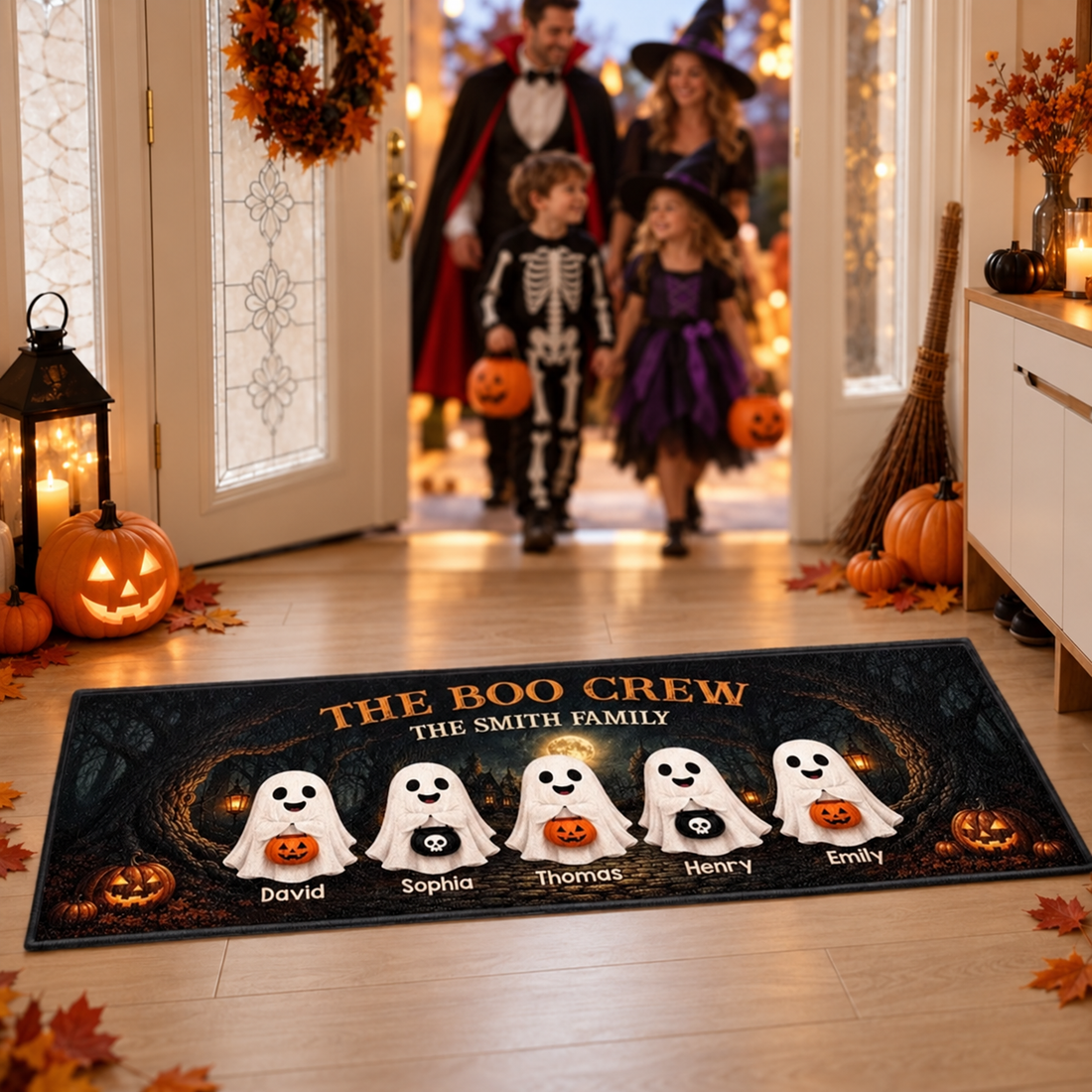 Personalized Spooktacular Family Crew Halloween runner rug in a hallway with pumpkins