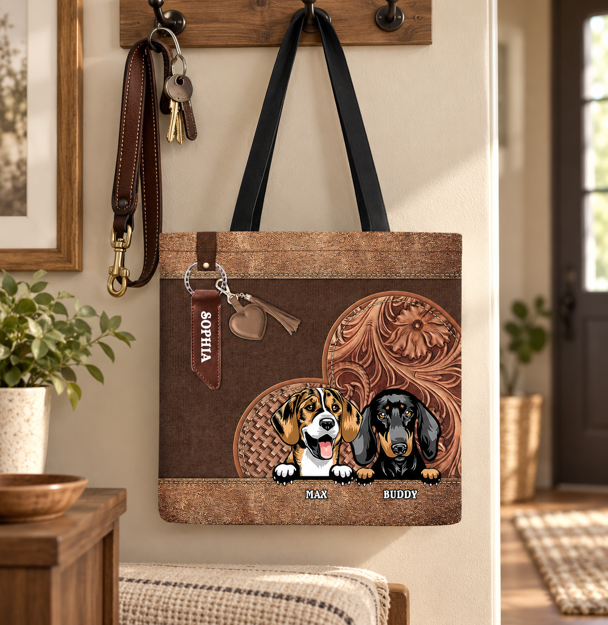 Custom dog and cat tote bag with pet names hanging by an entryway