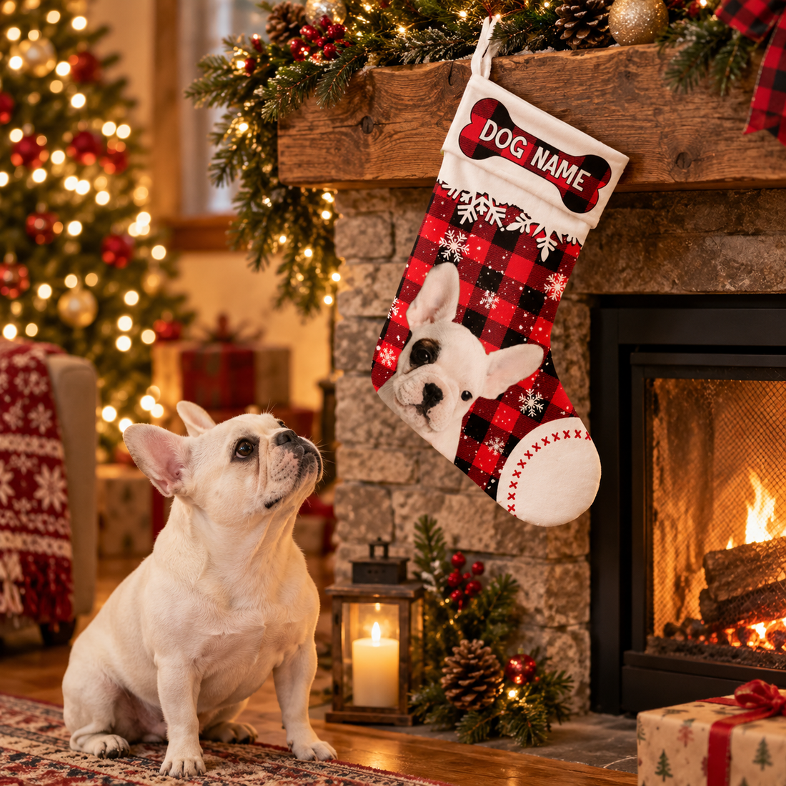 Personalized photo dog Christmas stocking hanging on a fireplace mantel with a real dog sitting below