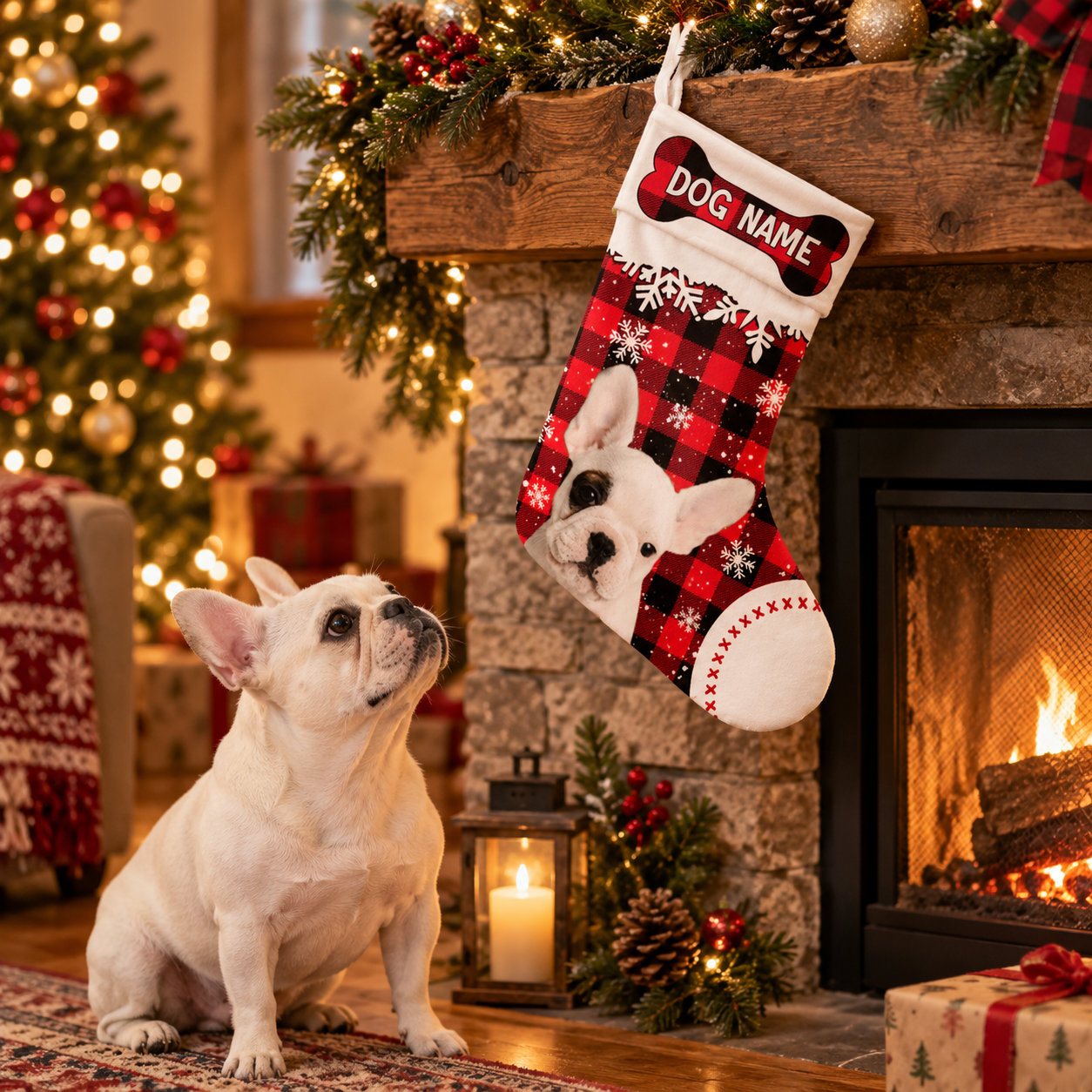 Personalized photo dog Christmas stocking hanging on a fireplace mantel with a real dog sitting below